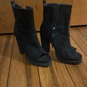 Black Suede Peep-Toe Block Heel Ankle Boots